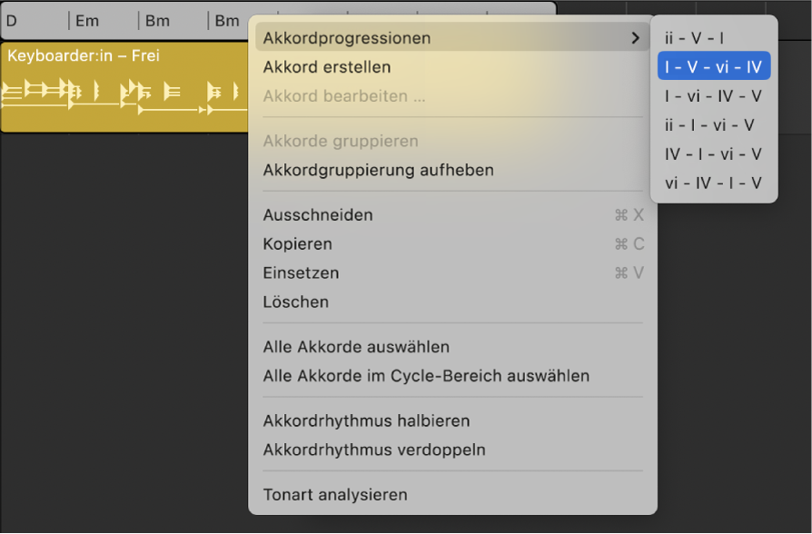 Abbildung. Eine ausgewählte Akkordgruppe in der Akkordspur mit dem geöffneten Untermenü „Akkordprogressionen“, in dem die ausgewählte Akkordprogression angezeigt wird.