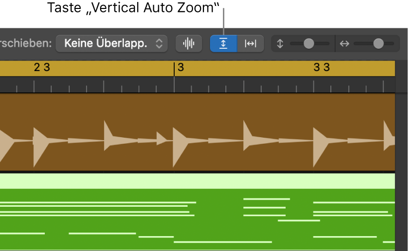 Steuerelemente für „Wellenform-Zoom“, „Vertikaler Auto-Zoom“ und „Horizontaler Auto-Zoom“ in der Menüleiste des Bereichs „Spuren“.