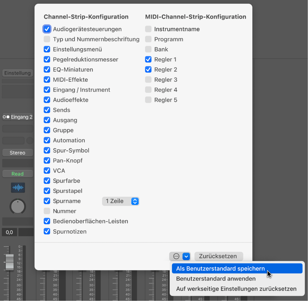 Abbildung. Sichern einer Channel-Strip-Konfiguration als Benutzerstandard