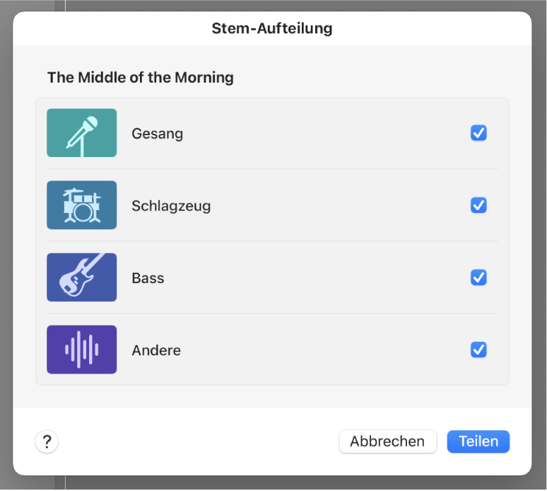 Abbildung. Das Dialogfenster „Stem-Aufteilung“ mit ausgewählten Teilen zum Extrahieren