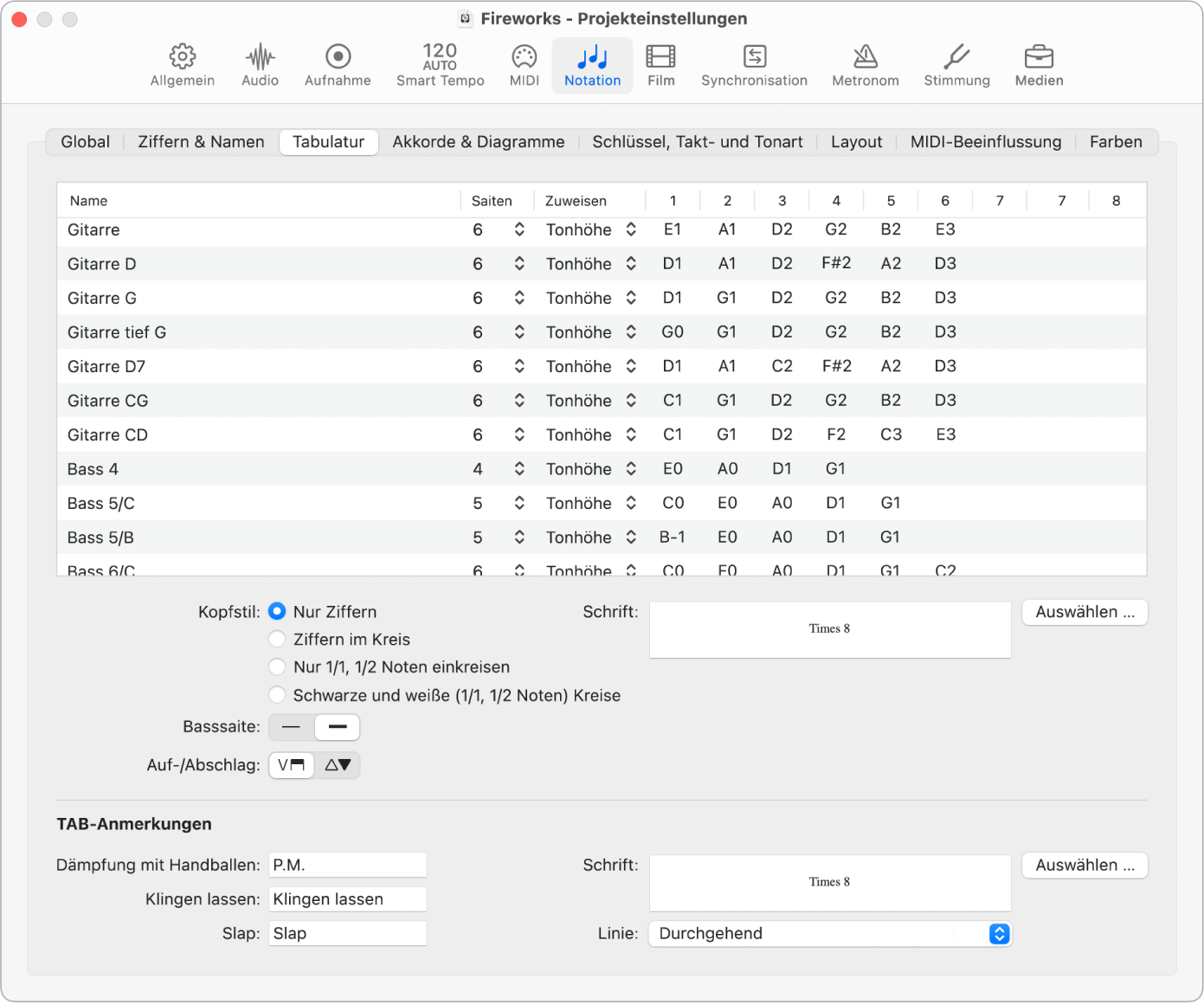 Abbildung. Projekteinstellungsbereich „Notation“ > „Tabulatur“