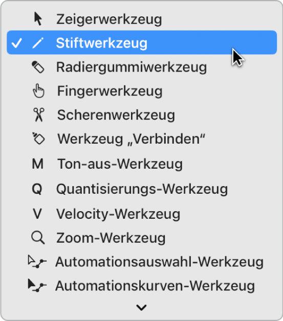 Abbildung. Das Werkzeugmenü des Pianorolleneditors mit dem ausgewählten Stiftwerkzeug