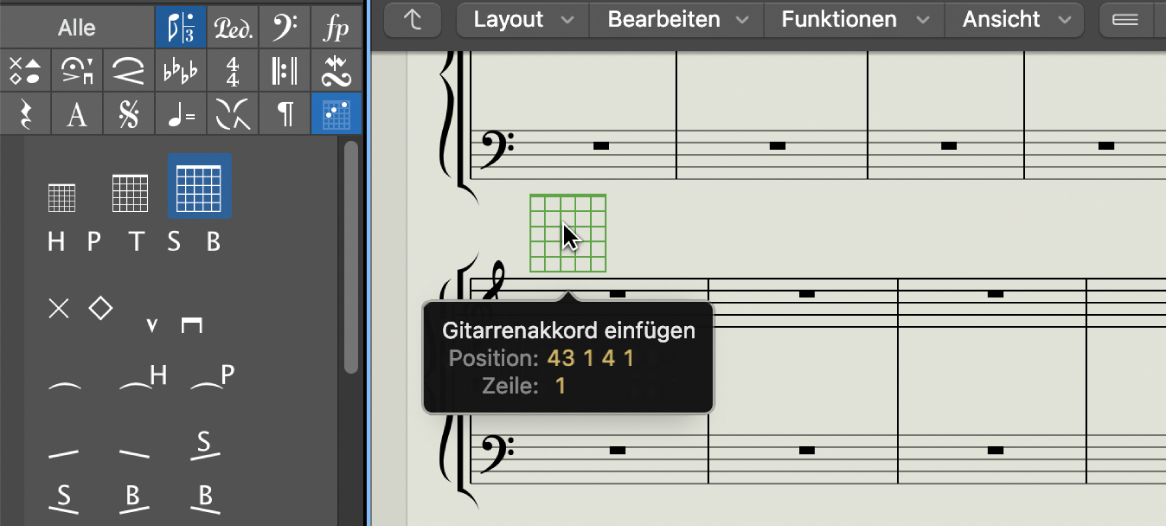 Abbildung. Bewegen eines Akkorddiagrammsymbols im Notationseditor