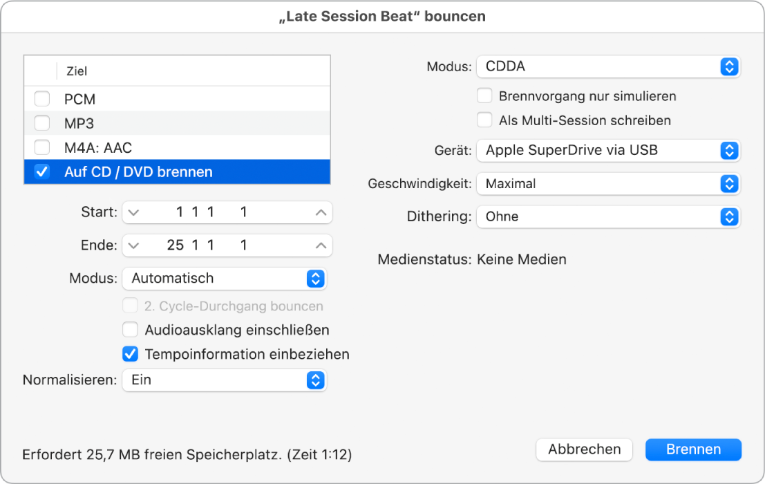 Abbildung. Optionen zum Brennen im Bounce-Fenster