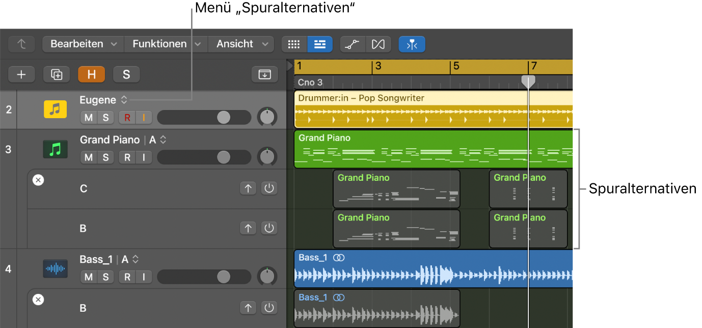 Abbildung. Bereich „Spuren“ mit mehreren Spuralternativen und dem Menü „Spuralternativen“ in den Spur-Headern