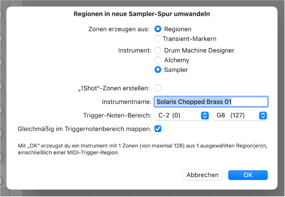 Abbildung. Dialogfenster „Regionen in neue Sampler-Spur konvertieren“