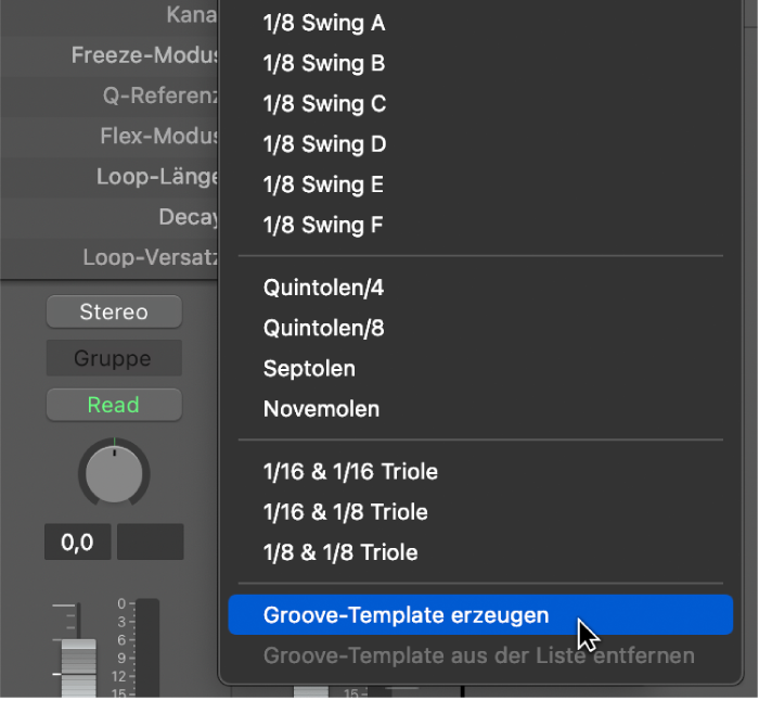 Abbildung. Im Einblendmenü „Quantisierung“ ausgewählter Befehl „Groove-Template erzeugen“