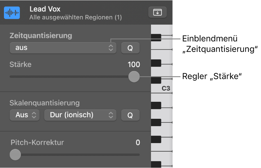 Abbildung. Einblendmenü „Zeitquantisierung“ und Schieberegler „Stärke“