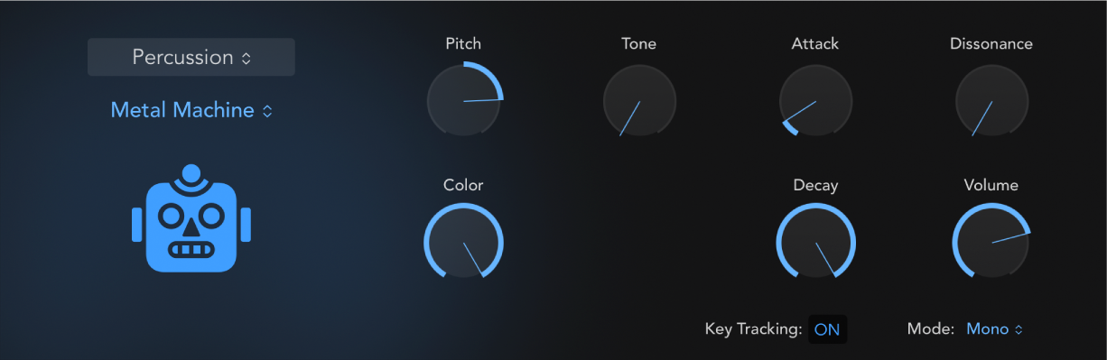 Abbildung. Bedienoberfläche von Drum Synth mit einem Percussion-Sound und den dazugehörigen Parametern Die Parameter ändern sich, wenn ein anderer Percussion-Sound gewählt wird.