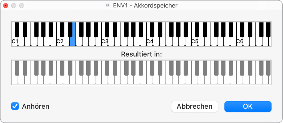 Abbildung. Fenster „Akkordspeicher“ mit Anzeige eines ausgewählten Markierungsfelds „Anhören“