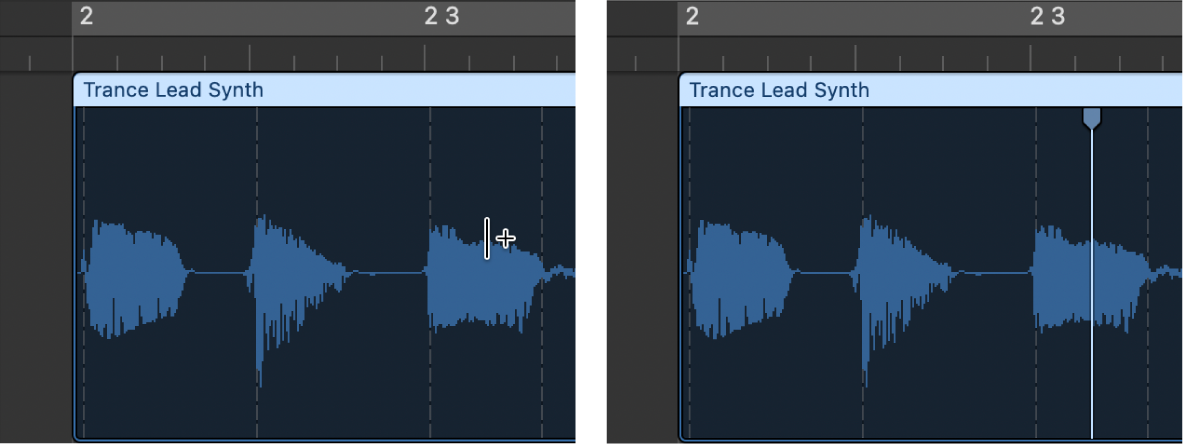 Abbildung. Audioregion mit Flex-Marker, der an einer Position ohne Transient-Marker erstellt wird