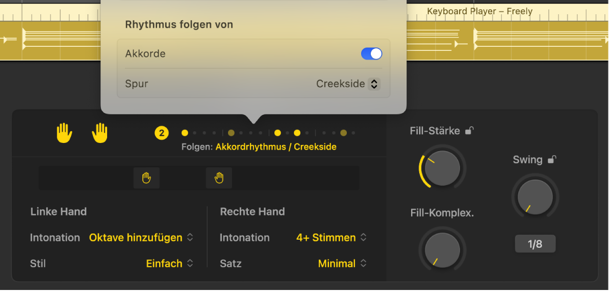 Abbildung. Abschnitt „Rhythmus von Spur folgen“ im Menü „Patterns“ im Session Player-Editor