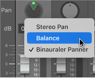 Kontextmenü des Drehreglers „Pan“ mit den Optionen „Stereo Pan“, „Balance“ und „Binaural Panner“.