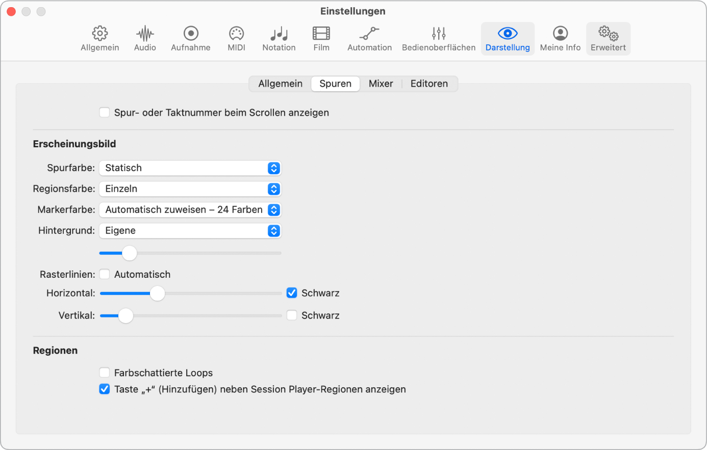 Abbildung. Anzeigeeinstellungen für Spuren