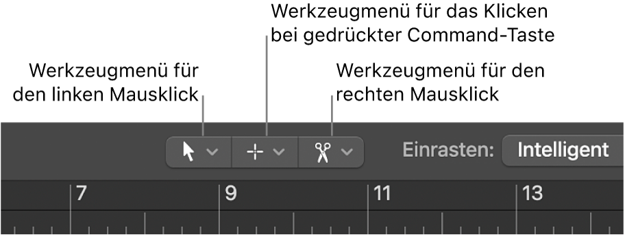 Abbildung. Werkzeugmenüs für linken Mausklick, Command-Mausklick und rechten Mausklick im Arrangierbereich