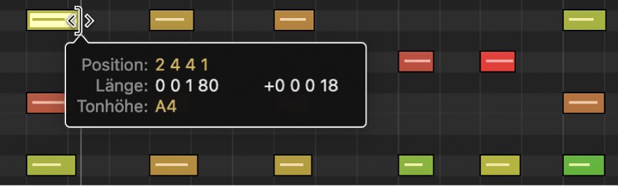 Abbildung. Bewegen des rechten unteren Rands einer MIDI-Note in den Pianorolleneditor. Der Info-Text zeigt die Notenlänge an.