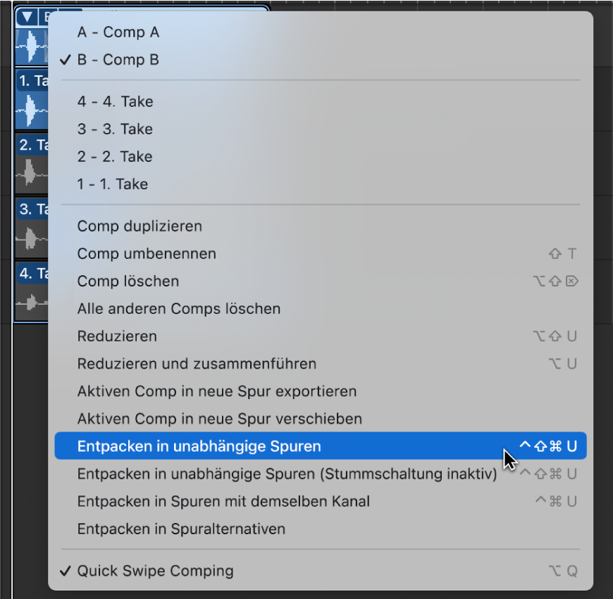 Abbildung. Auswählen von „Entpacken in unabhängige Spuren“ im Einblendmenü