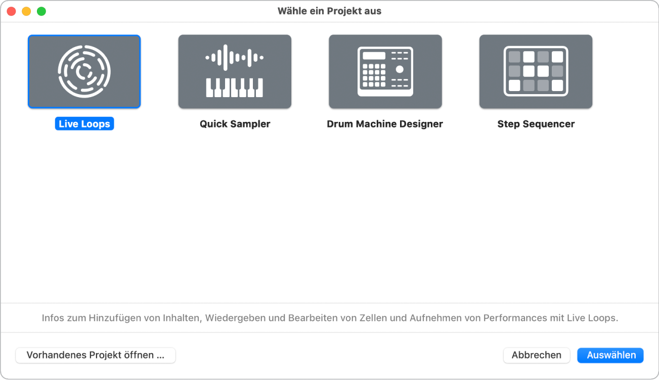 Abbildung. Projektauswahl mit ausgewähltem Tutorialprojekt