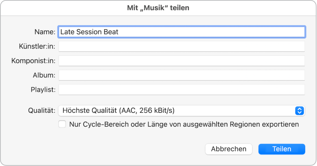 Abbildung. Dialogfenster „Mit „Musik“ teilen“