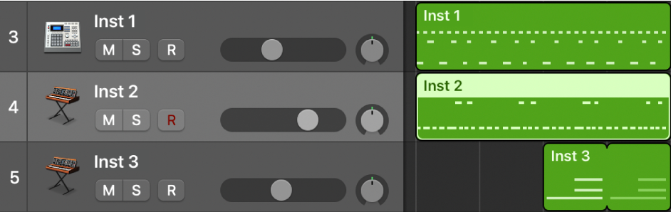 Abbildung. Bereich „Spuren“ mit MIDI-Regionen in Software-Instrument-Spuren