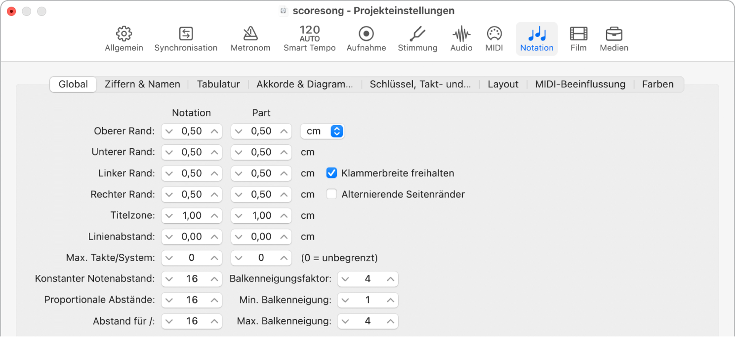 Abbildung. Bereich „Global“ in den Projekteinstellungen für die Notation