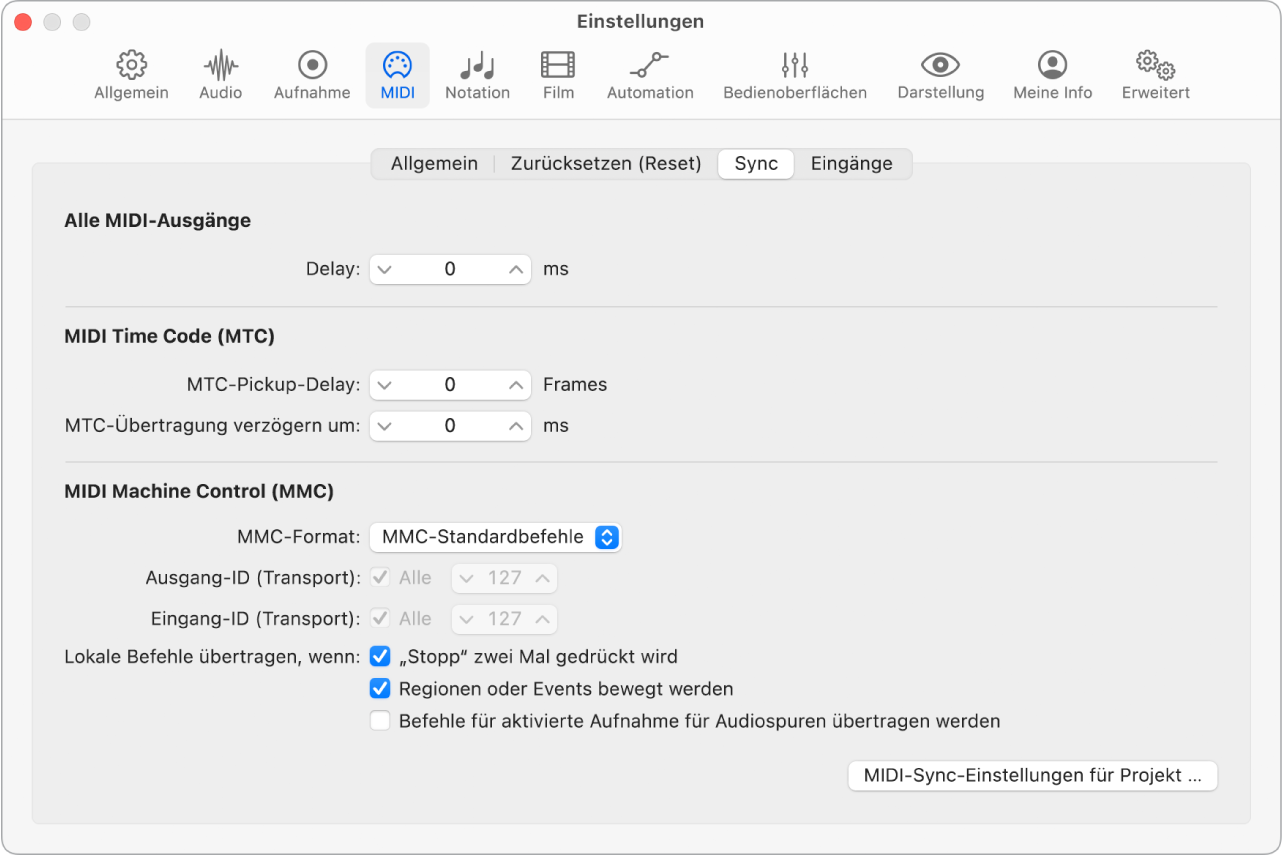 Abbildung. Einstellungsbereich „MIDI“ > „Sync“