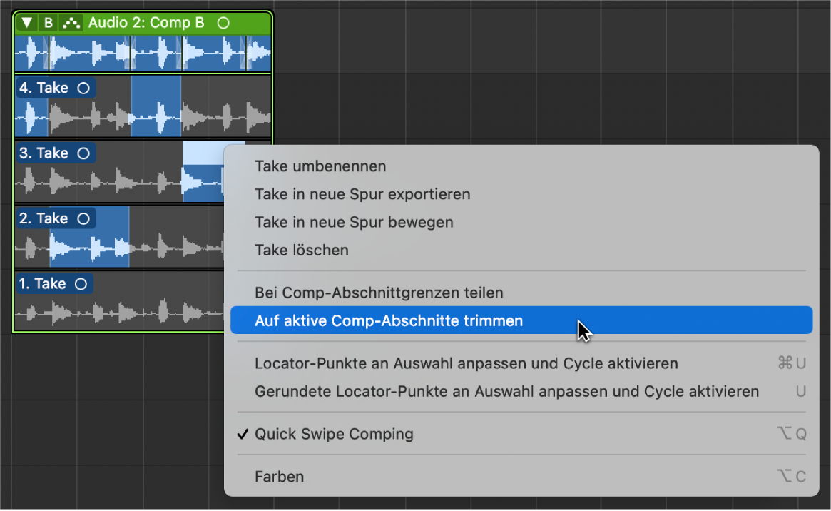 Abbildung. Auswählen von „Auf aktive Comp-Abschnitte trimmen“ aus dem Kontextmenü