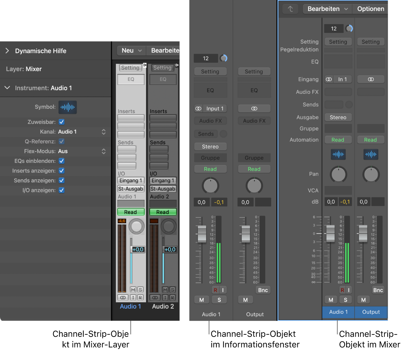 Abbildung. Anzeige der Channel-Strip-Objekte im Mixer-Layer des Environments und im Mixer und Informationsfenster des Hauptfensters