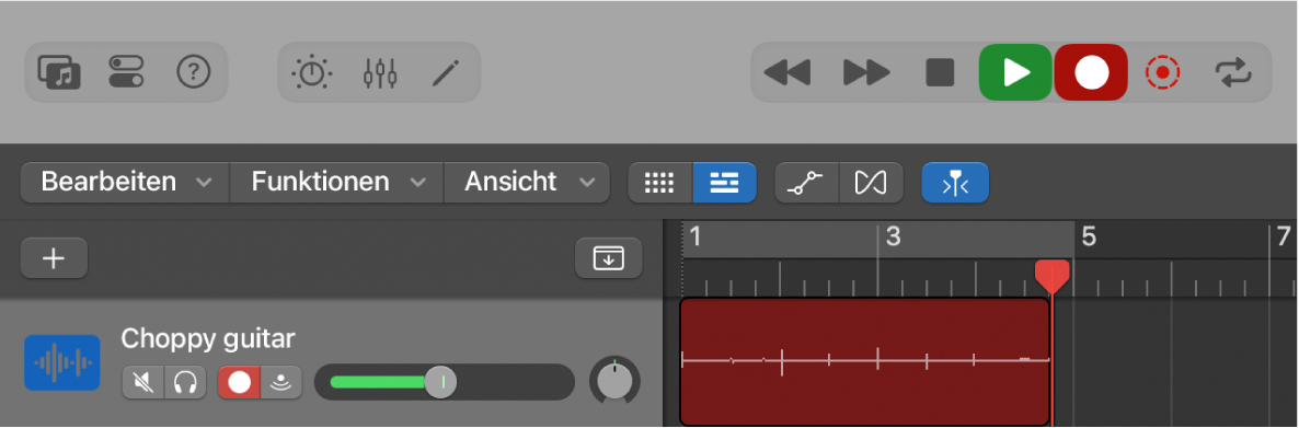 Abbildung. Audiospur im Bereich „Spuren“ mit neuer Audioregion, die aufgenommen wird