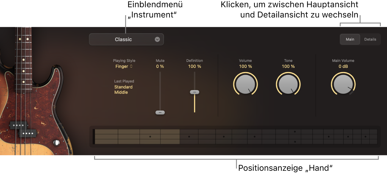 Abbildung. Die Hauptansicht von Studio Bass mit Beschriftungen für das Einblendmenü „Instrument“, die Anzeige für die Handposition und den Schalter „Main/Details“.