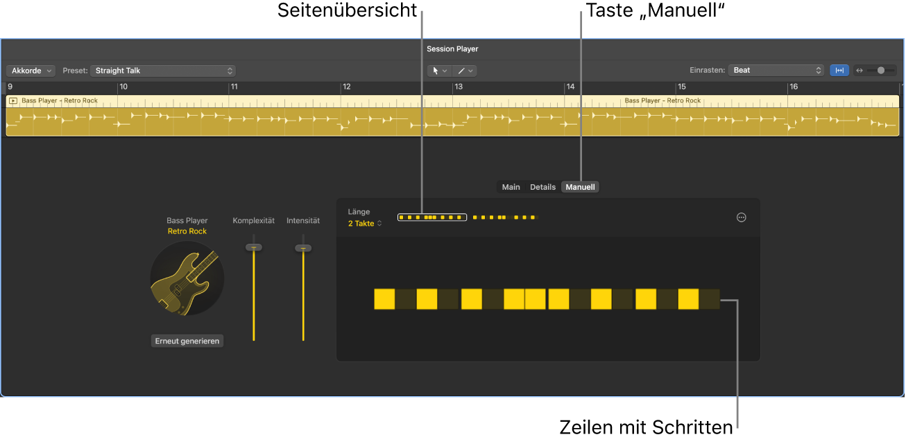 Abbildung. Die Ansicht „Manuell“ im Session Player-Editor.