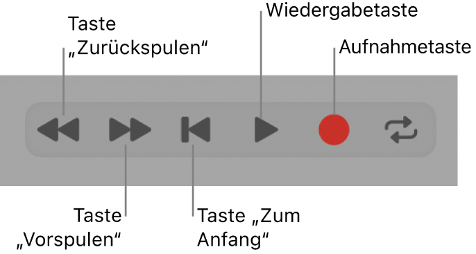 Abbildung. Die grundlegenden Transportsteuerungen: „Zurückspulen“, „Vorspulen“, „Zum Anfang gehen“, „Stoppen“, „Wiedergabe“ und „Aufnahme“