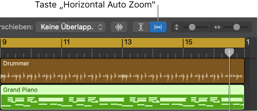 Steuerelemente für „Wellenform-Zoom“, „Vertikaler Auto-Zoom“ und „Horizontaler Auto-Zoom“ in der Menüleiste des Bereichs „Spuren“.