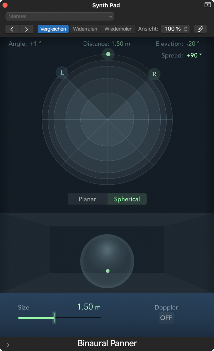 Abbildung. „Spherical“-Modus im Fenster „Binaural Panner“