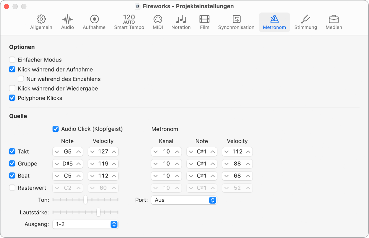 Abbildung. Projekteinstellungsbereich „Metronom“