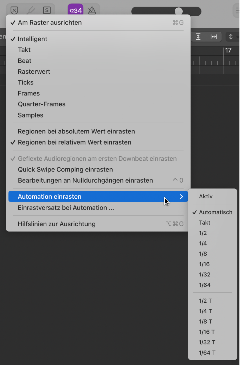 Abbildung. Zeiger weist auf den Befehl im Untermenü „Automation einrasten“