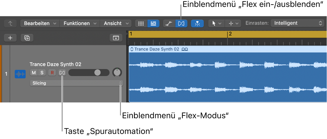 Abbildung. Taste „Flex“ und Einblendmenü „Flex-Modus“ im Spur-Header einer Audiospur