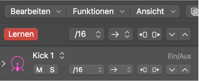 Aktive Taste „Lernen“ für den Modus „Lernen (hinzufügen)“ in der Menüleiste des Step Sequencer