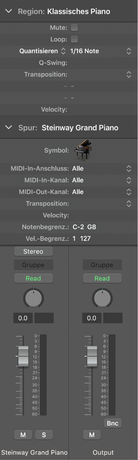 Abbildung. Das Informationsfenster mit dem Bereich „Dynamische Hilfe“, dem Informationsfenster „Region“, dem Informationsfenster „Spur“ und den Channel-Strips des Informationsfensters