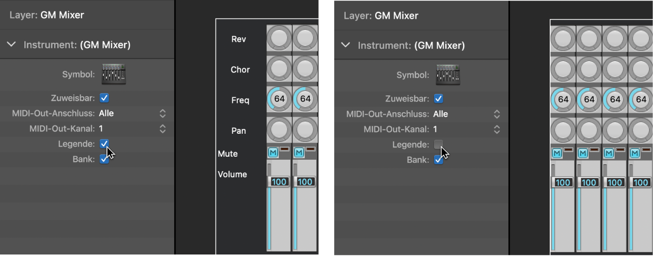 Abbildung. Anzeige des aktivierten und deaktivierten Markierungsfelds „Legende“ des GM Mixers