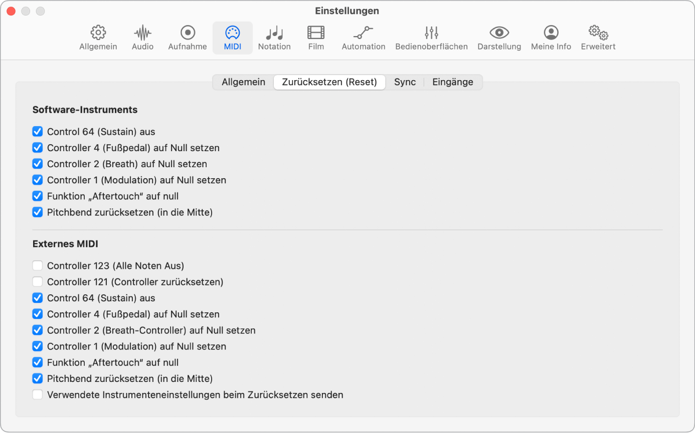 Abbildung. MIDI-Einstellungen „Zurücksetzen“