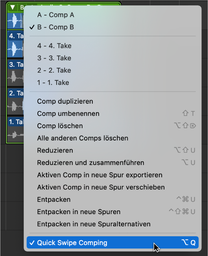 Abbildung. Auswählen von „Quick Swipe Comping“ im Einblendmenü