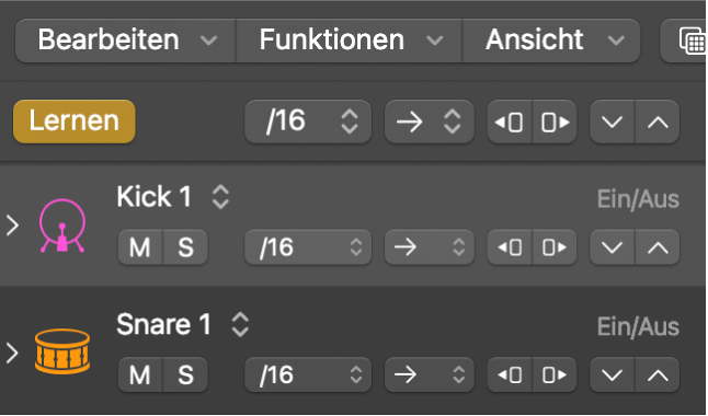 Aktive Taste „Lernen“ für den Modus „Lernen (zuweisen)“ in der Menüleiste des Step Sequencer