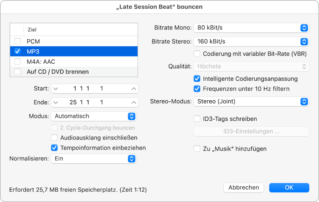 Abbildung. MP3-Optionen im Bounce-Fenster