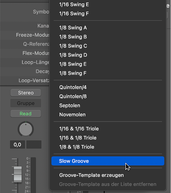 Abbildung. Im Einblendmenü „Quantisierung“ mit seinem Standardnamen angezeigtes und ausgewähltes Groove-Template