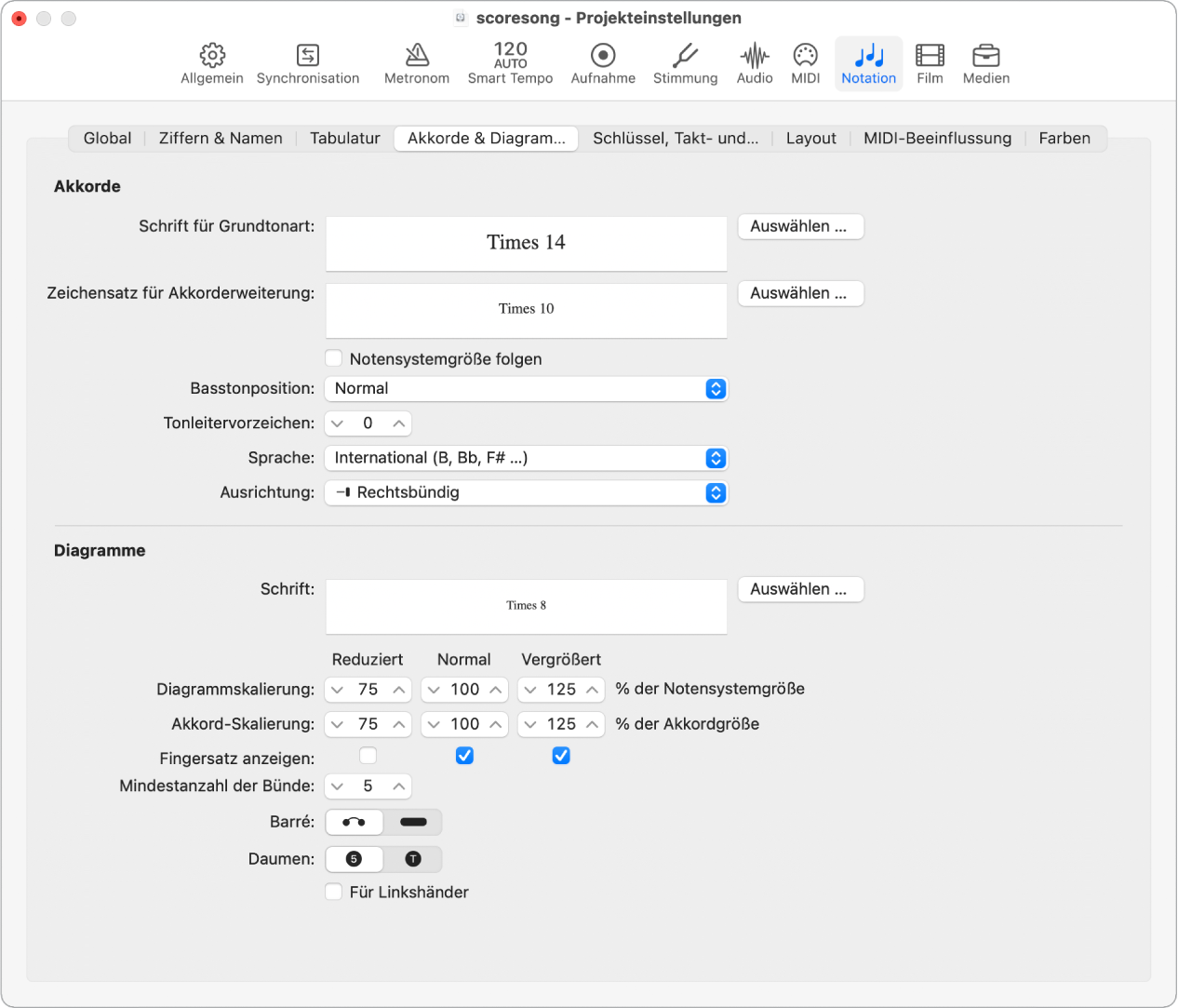 Abbildung. Bereich „Akkorde und Diagramme“ im Bereich „Notation“ der Projekteinstellungen