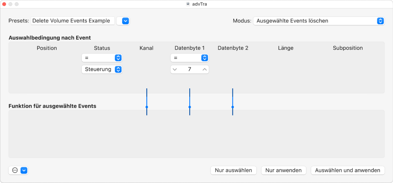 Abbildung. Transformer-Fenster mit Einstellungen zum Löschen von Lautstärkedaten aus einer MIDI-Region