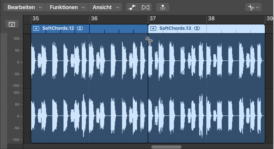 Abbildung. Teilen einer Audioregion im Audiospureditor mithilfe des Scherenwerkzeugs