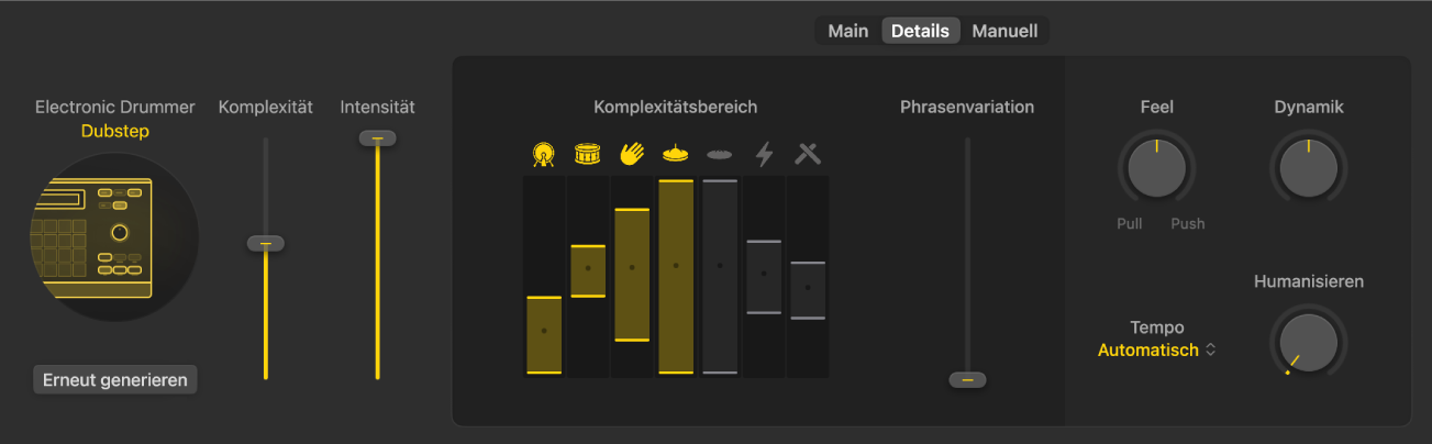 Abbildung. Der Session Player-Editor mit der Detailansicht des elektronischen Drummers