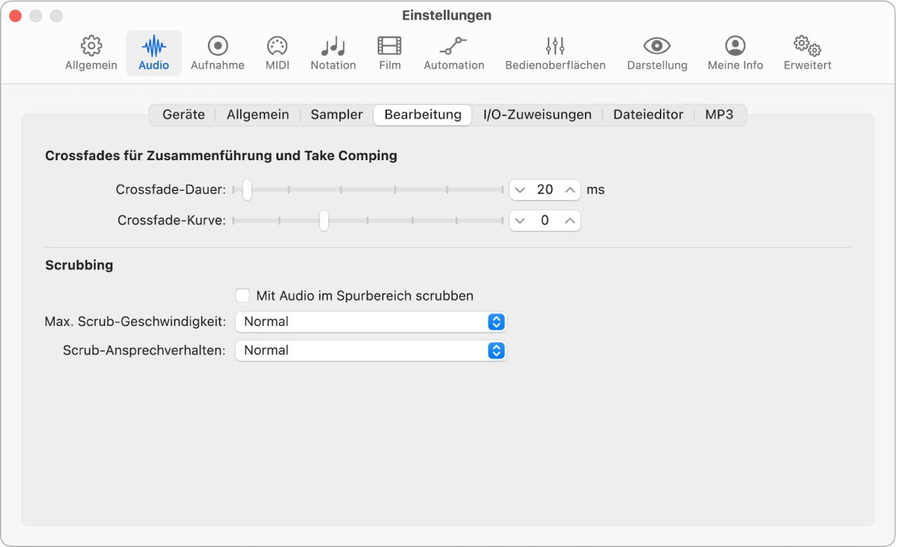 Abbildung. Einstellungsbereich „Audio“ > „Bearbeitung“